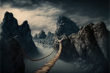 Rope bridge over a beautiful abyss mountain landscape, created with Generative AI technology