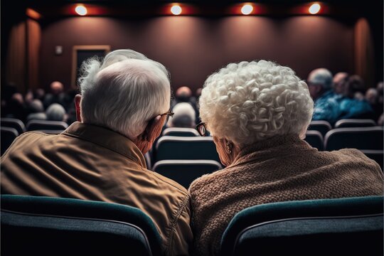 Rear view of elderly couple watching movie in cinema, created with Generative AI technology