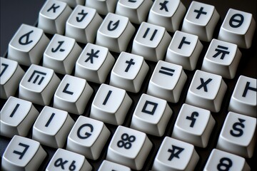 White computer keyboard keys with alien signs, created with Generative AI technology
