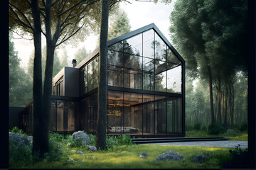Cozy glass house with contemporary exterior house, hiper realistic, photographic, UHD.