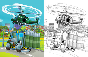 cartoon scene with military army different duty vehicles on the road with sketch  illustration for children