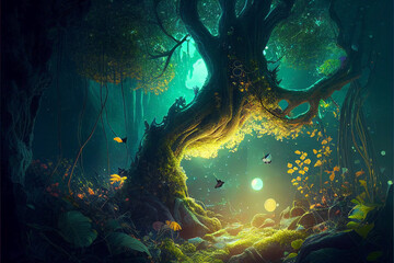 Naklejka na ściany i meble Ai generated. Magic nature glowing in the dark. Mysterious enchanted forest concept at night. Butterflies flying around an old twisted old log.