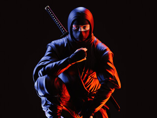 A ninja in neon lights. Traditional ninja style. 3D illustration. © pictosmith