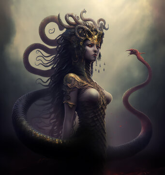 Shahmaran (Queen of Snakes) is a creature with inherent goodness. Turkish Medusa, Shahmaran or Shah Maran Drawing Mythological figure from Anatolia Snake Lady. generative ai