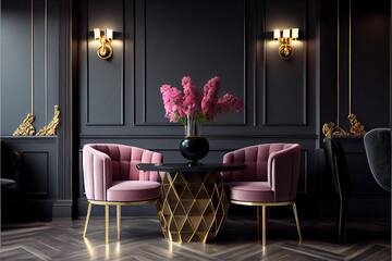 Large master living room in dark black gray colors. Rose pink set of chairs and gold table. Background blank wall blank for wallpaper or paintings. Luxury lounge or reception. Generative AI