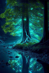 Ai generated. Magic nature glowing in the dark. Mysterious enchanted forest concept at night. A big giant tree with bioluminescent roots and glowing leaves full of fireflies by the river.