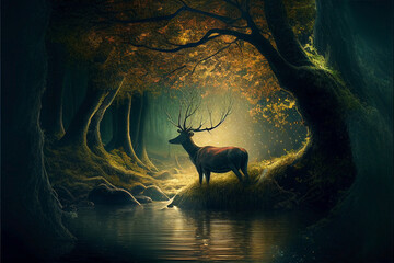 Ai generated. Magic nature glowing in the dark. Mysterious enchanted forest concept at night. Silhouette of a male deer with large antlers drinking at the river.