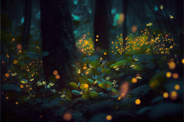 Ai generated. Magic nature glowing in the dark. Mysterious enchanted forest concept at night. Jungle and moss with glowing bioluminescent flying animals.