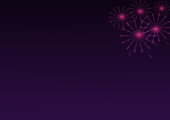 Pink fireworks with holiday celebration symbols on the right of the purple and black color background, empty space for display logo and content, creative design vector illustration.