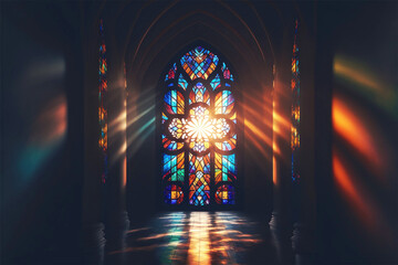 beautiful vibrant stained glass window of the cathedral with piercing rays of bright sunlight shining in the aisle, church, catholic generative ai  - obrazy, fototapety, plakaty