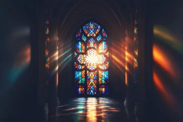 Photo sur Plexiglas Coloré beautiful vibrant stained glass window of the cathedral with piercing rays of bright sunlight shining in the aisle, church, catholic generative ai 