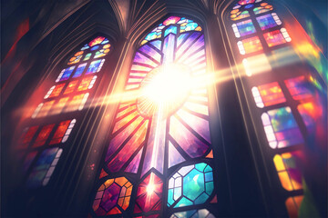 beautiful vibrant stained glass window of the cathedral with piercing rays of bright sunlight shining in the aisle, church, catholic generative ai  - obrazy, fototapety, plakaty