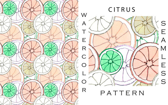 Vintage abstract art template with watercolor seamless pattern of multicolored slices of citrus fruits. Suitable for social media posts, postcards, invitations, mobile apps, banners, web pages and etc