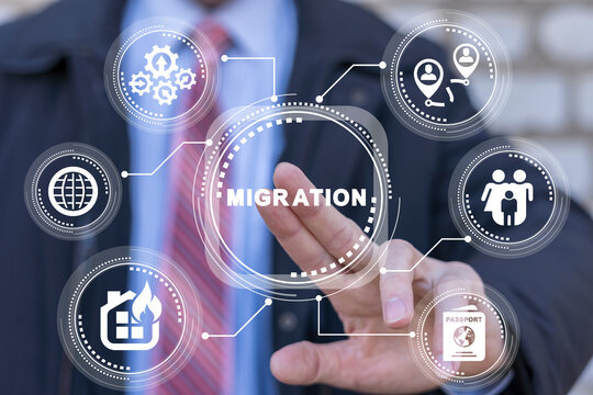 Businessman using virtual touchscreen presses the word: MIGRATION. Migration of the population from war and political persecution and repression. Concept of family migration.