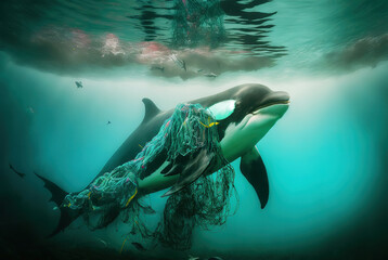 Fototapeta na wymiar Wounded Warrior - A Killer whale's Struggle Against Plastic Pollution. AI generated picture.