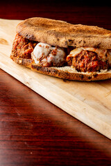 Meatball Sandwich. Meatball  submarine sandwich. Meatballs, tomato marinara sauce, cheese on...