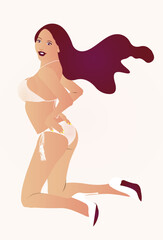 A young attractive woman in a bikini, isolated on white background. Pretty girl on a beach pose, a woman with long flowing hair, wearing a light colored dress, standing in a dynamic pose,