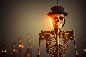  Skeleton Holding Lantern On Wooden Banner In Spooky Night - generative ai