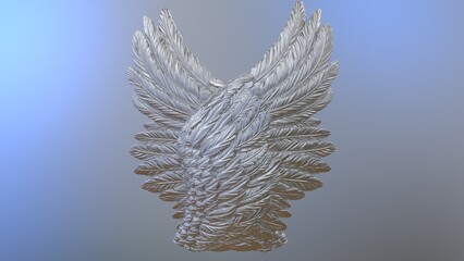Overlapping metallic silver graduated wings under white-blue lighting background. Concept 3D CG of free activity, decision without regret and strategic action.