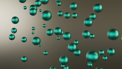 Randomly arranged many metallic green balls that are collapsing under white-brown lighting background. Conceptual 3D CG of blockchain, financial system and personal data analysis.