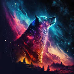 Fototapeta na wymiar Lone Wolf Gazing at the Starry Sky - Illustration - Desktop background