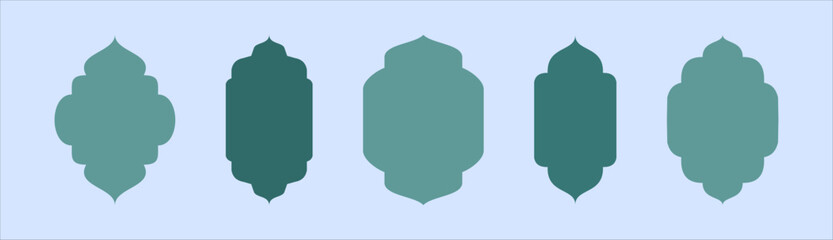 Collection of oriental style Islamic ramadan kareem windows and arches with modern style design, door mosque, mosque dome and lanterns. Ramadan illustration.