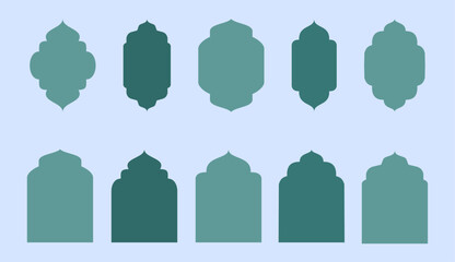 Collection of oriental style Islamic ramadan kareem windows and arches with modern style design, door mosque, mosque dome and lanterns. Ramadan illustration.