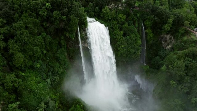 Incredible Marmore Falls The Tallest Man-Made Waterfall In Umbria, Province of Terni, Italy. Aerial Shot