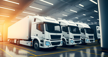 Banner International logistics center warehouse, many cargo truck trailers for loading. Generation AI