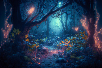 Fototapeta na wymiar Gloomy fantasy forest scene with vibrant lights and path