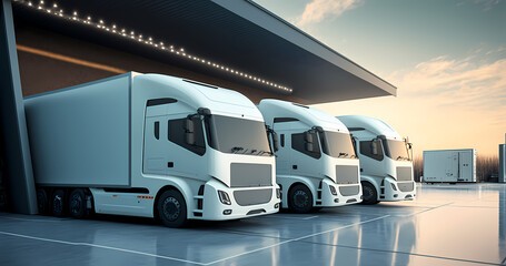 International logistics center warehouse, many cargo truck trailers for loading. Generation AI