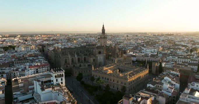 Aerial View Of Historic Cathedral of Saint Mary of the See, Seville Cathedral At Sunrise In Seville, Andalusia, Spain.