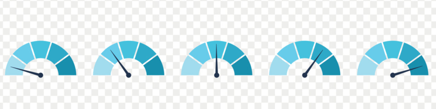 Blue scale meter with low, high and medium bar. Level risk graph or control quality. Vector isolated illustration