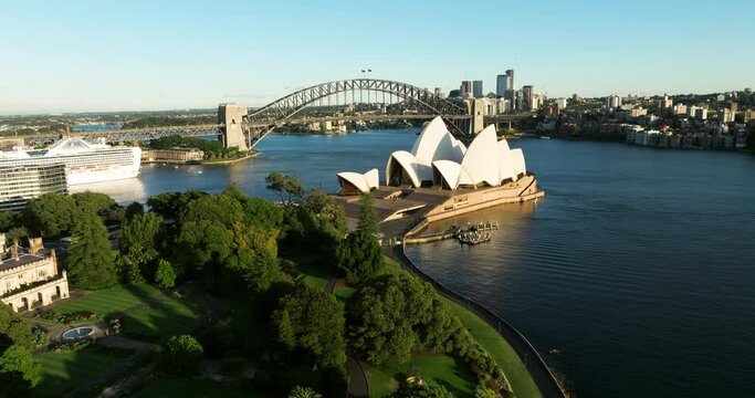 Panorama Of Opera House And Sydney Harbour Bridge In Sydney, New South Wales, Australia. Aerial Drone Shot