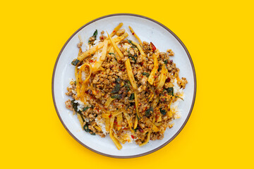 Rice with spicy stir fried pork with holy basil and preserved bamboo shoot