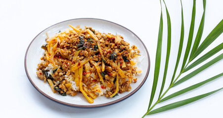 Rice with spicy stir fried pork with holy basil and preserved bamboo shoot