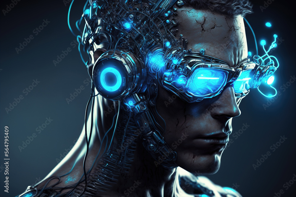 Poster cyborg portrait, fictional man with tech vision and artificial intelligence, generative ai.