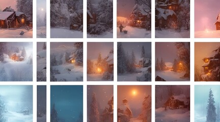 Pattern of winter landscapes with white dividers in between