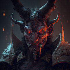 a demonic demon with horns and glowing eyes, fantasy, evil, horror, art illustration