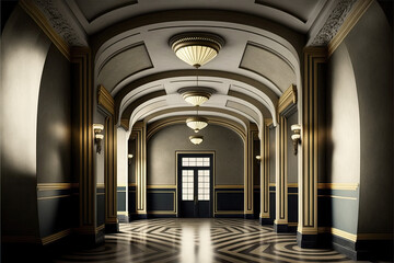 Fancy empty art deco modern room ballroom hallway, 