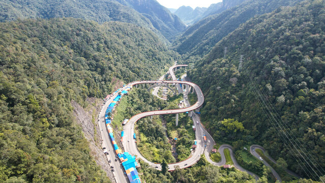 Aerial view of Kelok 9 bridge West Sumatra. Payakumbuh, Indonesia