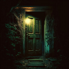 Creepy haunted door in the night with spooky dead trees