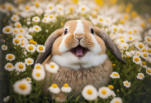  Cute Easter bunny rabbit lopped eared with a big open mouth smile. Cotton tail in an open field of beautiful wild daisy flowers. A cute Easter image created with generative ai