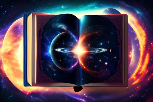 Book of the universe - opened magic book with planets and galaxies - generative ai