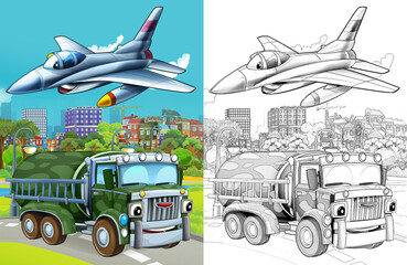 cartoon scene with military army different duty vehicles on the road with sketch  illustration for children