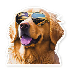 Golden Retriever dog wearing sunglasses isolated on white background, 