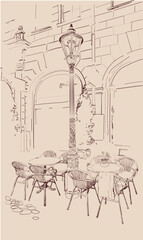 The background is decorated with views of the old city and street cafes. Hand drawn vector illustration. Image of tables and a vintage street lamp in beige shades. Leisure and travel, Germany, France,