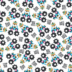 Seamless pattern vector of monster truck with little tiger driver. Creative vector childish background for fabric textile, nursery background, baby clothes, wrapping paper and other decoration. © Hijaznahwani