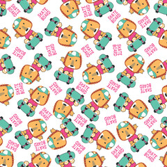 Seamless pattern with cute little lion on skate board, For fabric textile, nursery, baby clothes, background, textile, wrapping paper and other decoration.