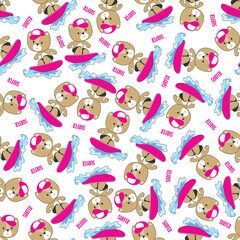 Fototapeta premium Seamless pattern of cute little bear with a surfboard, Can be used for t-shirt print, Creative vector childish background for fabric textile, nursery wallpaper and other decoration.